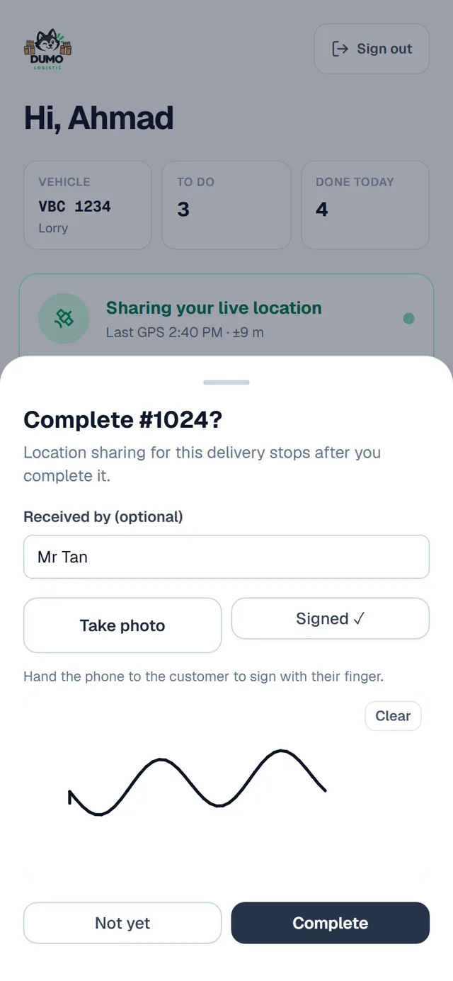 The real Complete screen with Received by, Take photo and the customer’s signature
