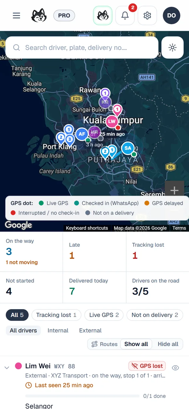 The real office live map on a phone, with drivers and their stops