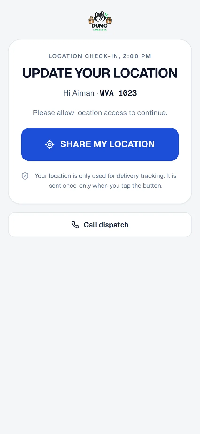 The real DUMO LOGISTIC check-in page a driver opens from WhatsApp: Update your location, with a Share my location button (sample driver)