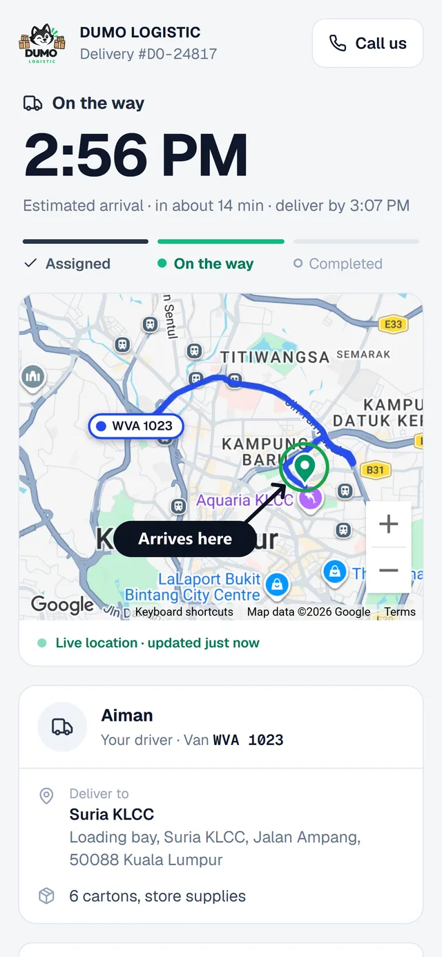 The real DUMO LOGISTIC tracking page: estimated arrival 2:56 PM, a live map with the van's road route and where it arrives, and the driver (sample delivery)