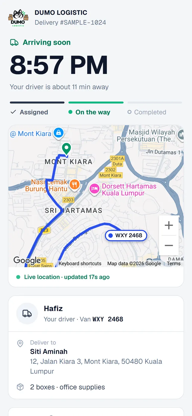 The real customer tracking page with arrival time and live map